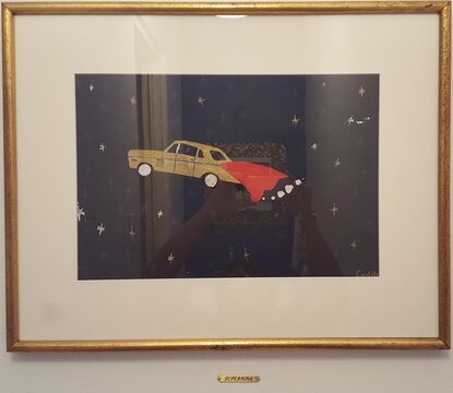 Supernova — triple-pun art piece by Carli Dávila, framed and hanging in his guest bathroom